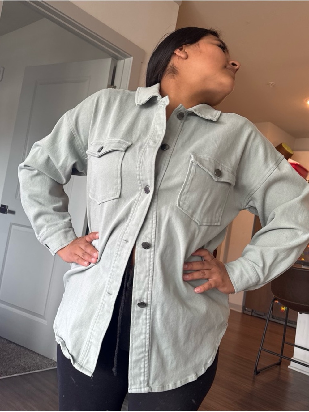 dip Light Sage Green Button-Front Jean Jacket